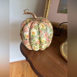 Fall decorative, decoupage, pumpkin with gold accent, tabletop mantle decor,
